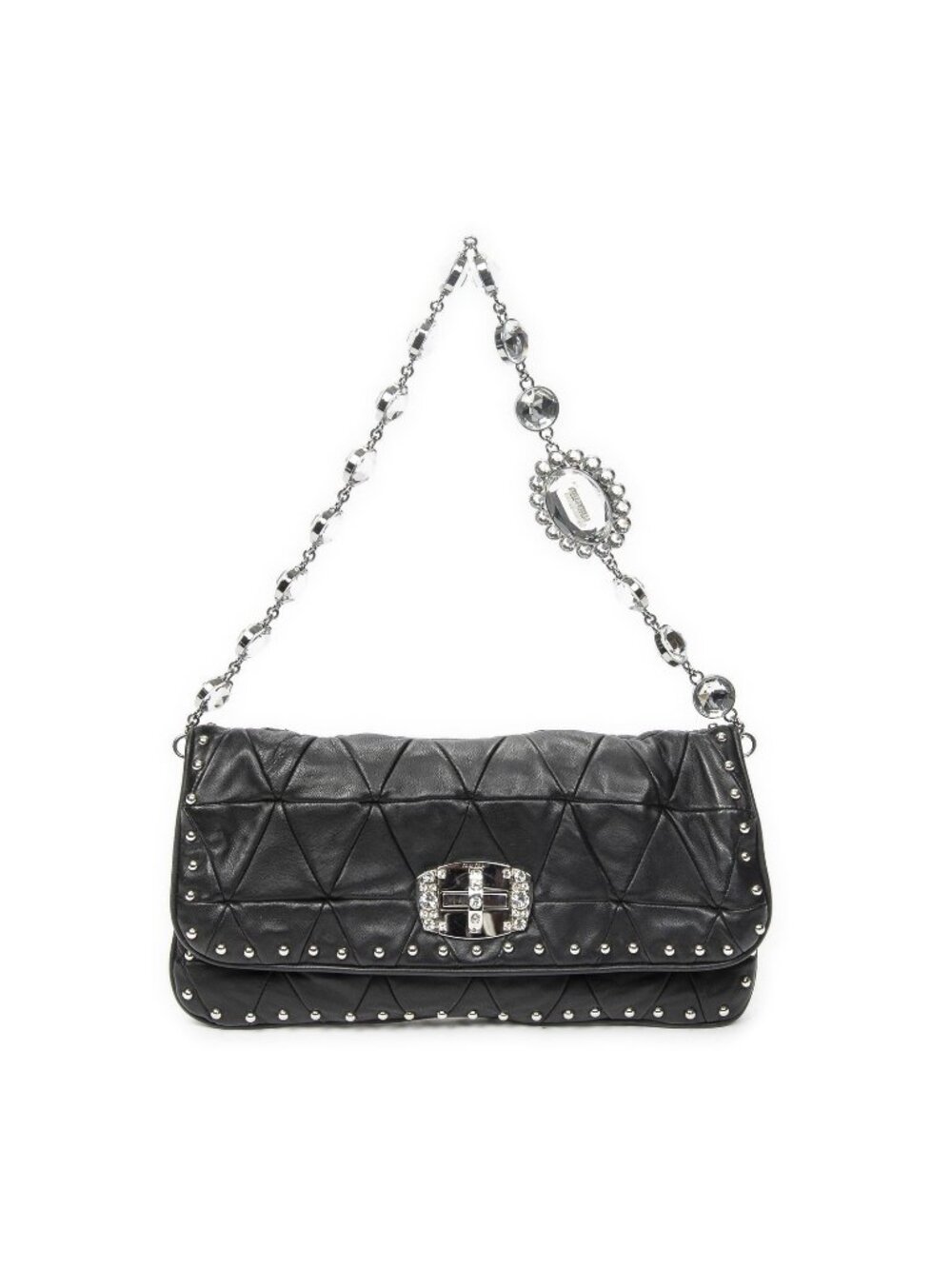 Miu Miu Studded Crystal Chain Clutch Black Matelasse Calfskin